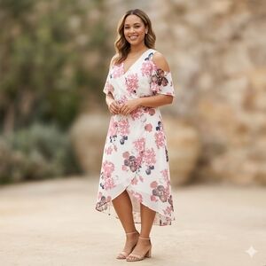 Blush Pink Floral Cold Shoulder Faux Wrap High Low Midi Dress Spring Large